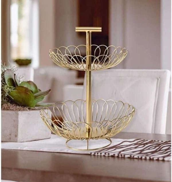 M.F EXPORTS Created two-tiered design fruit basket Also, a handcrafted Wood and wire basket - Gold Plated, Metal, Pack of1